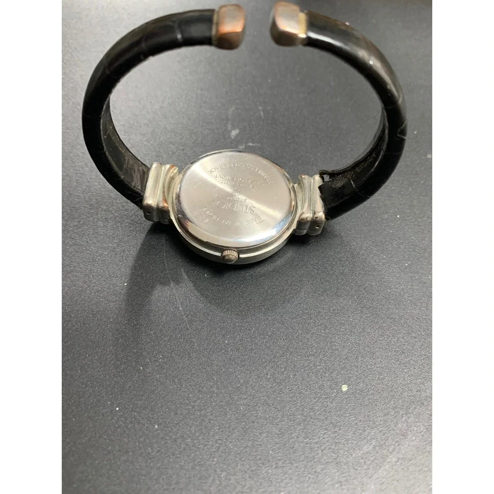 Studio Time Womens Watch Silver Tone White Dial Black Croc Cuff Bangle STD024T